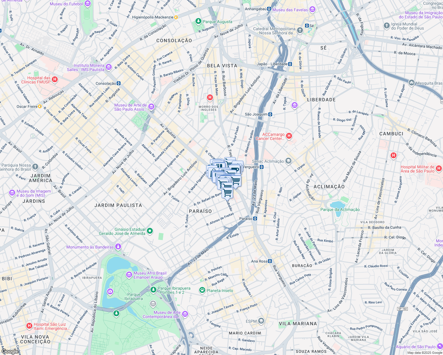 map of restaurants, bars, coffee shops, grocery stores, and more near 119 Avenida Paulista in São Paulo