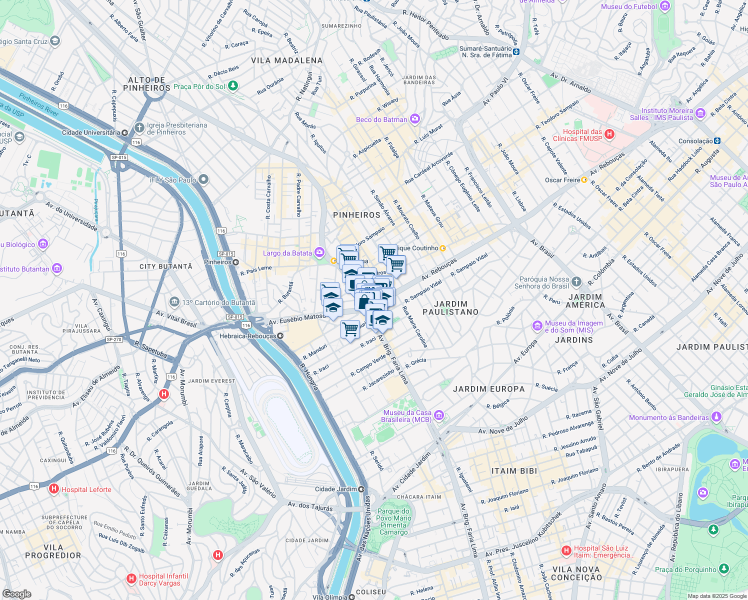 map of restaurants, bars, coffee shops, grocery stores, and more near 1485 Avenida Brigadeiro Faria Lima in São Paulo