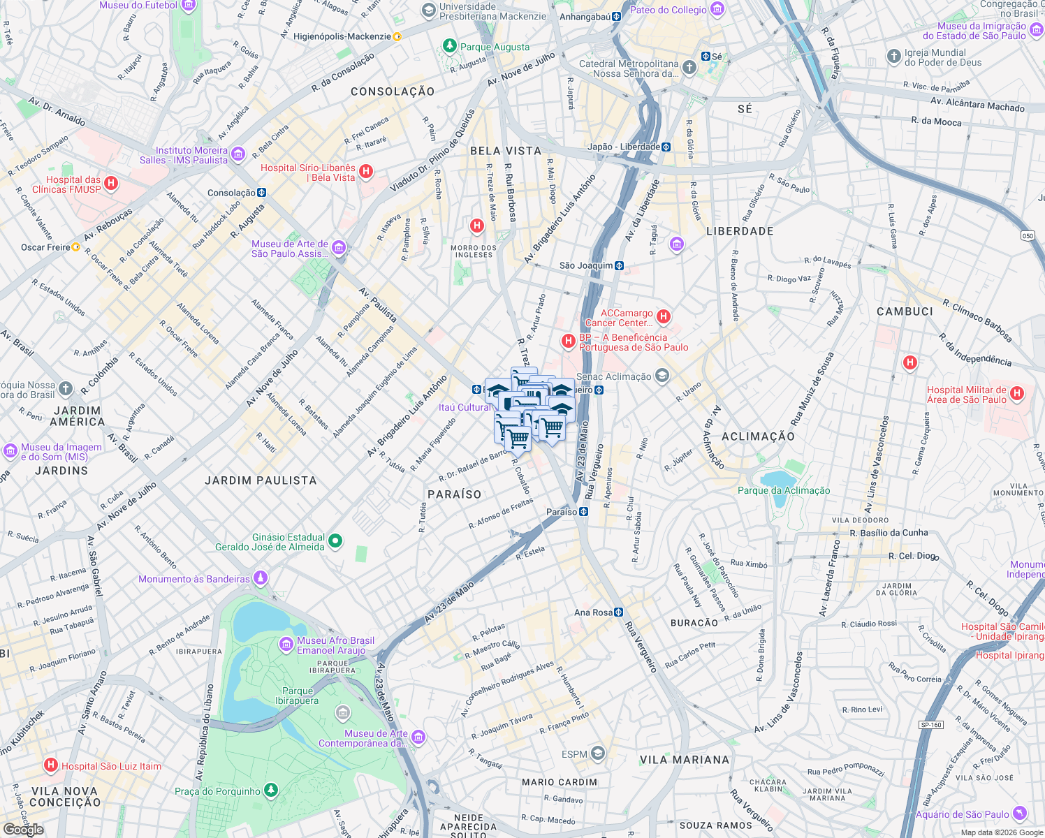 map of restaurants, bars, coffee shops, grocery stores, and more near 52 Avenida Paulista in São Paulo
