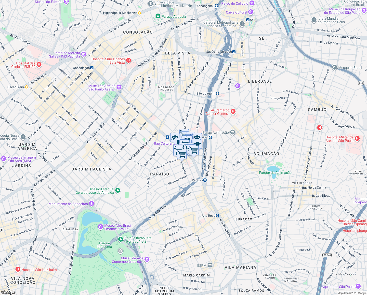 map of restaurants, bars, coffee shops, grocery stores, and more near 52 Avenida Paulista in São Paulo