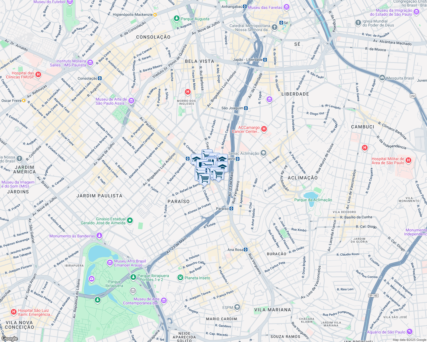 map of restaurants, bars, coffee shops, grocery stores, and more near 1947 Rua Treze de Maio in São Paulo