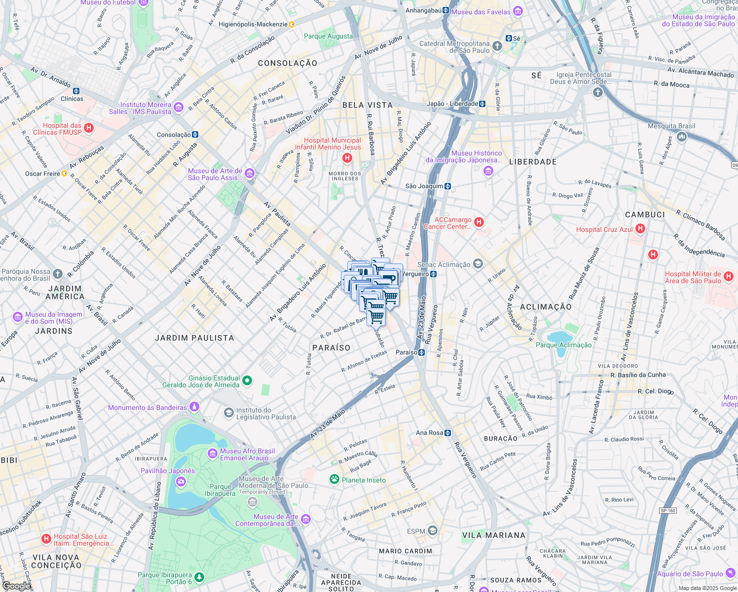 map of restaurants, bars, coffee shops, grocery stores, and more near 119 Avenida Paulista in São Paulo