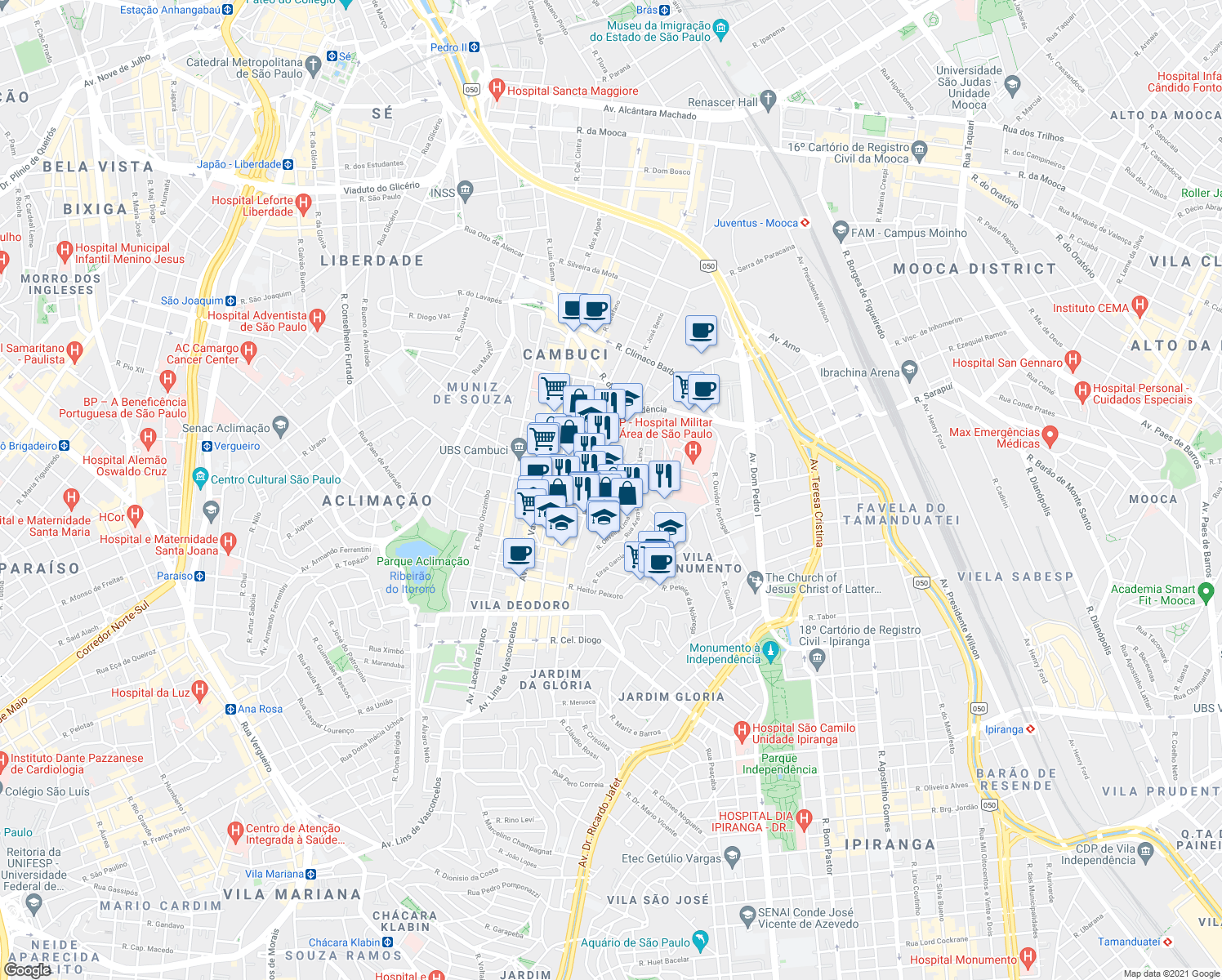 map of restaurants, bars, coffee shops, grocery stores, and more near 661 Rua Backer in São Paulo