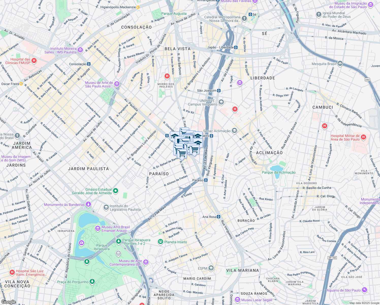 map of restaurants, bars, coffee shops, grocery stores, and more near 1947 Rua Treze de Maio in São Paulo