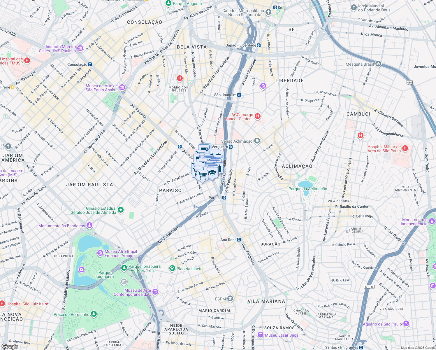 map of restaurants, bars, coffee shops, grocery stores, and more near 1323 Rua Maestro Cardim in São Paulo