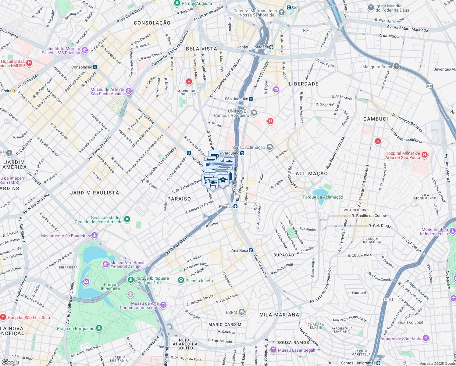 map of restaurants, bars, coffee shops, grocery stores, and more near 1323 Rua Maestro Cardim in São Paulo