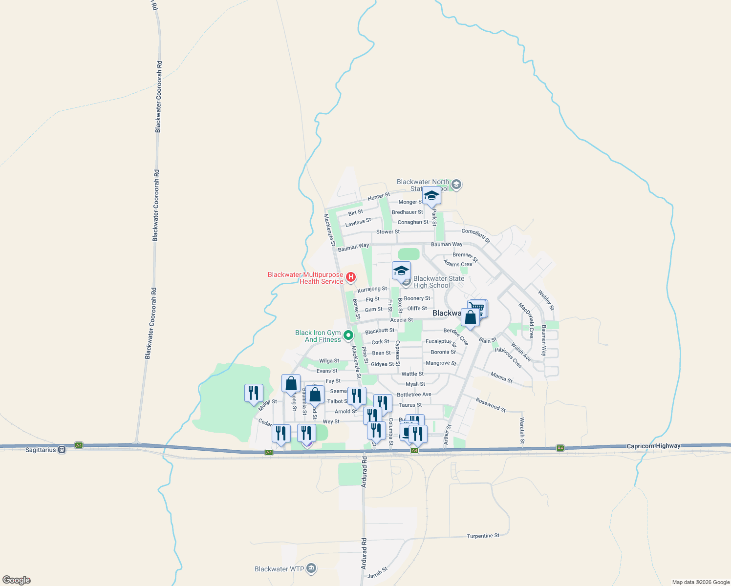 map of restaurants, bars, coffee shops, grocery stores, and more near 9 Kurrajong Street in Blackwater