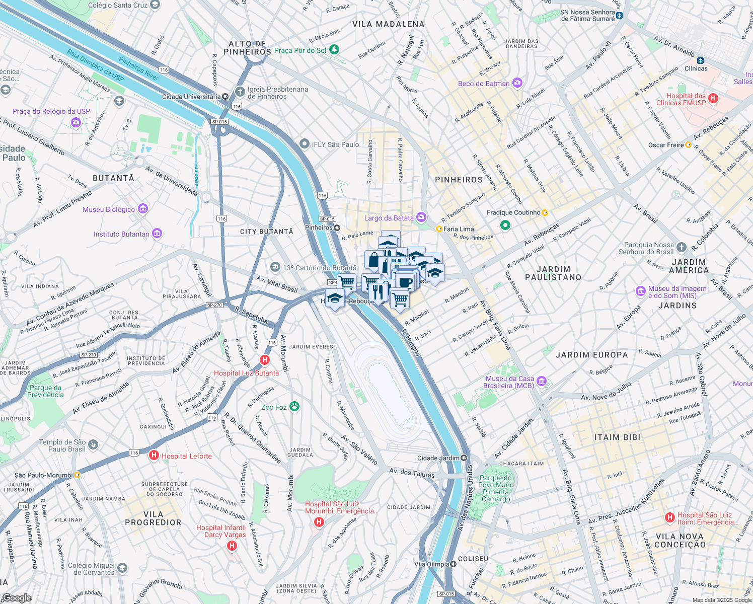 map of restaurants, bars, coffee shops, grocery stores, and more near 8501 Avenida das Nações Unidas in São Paulo