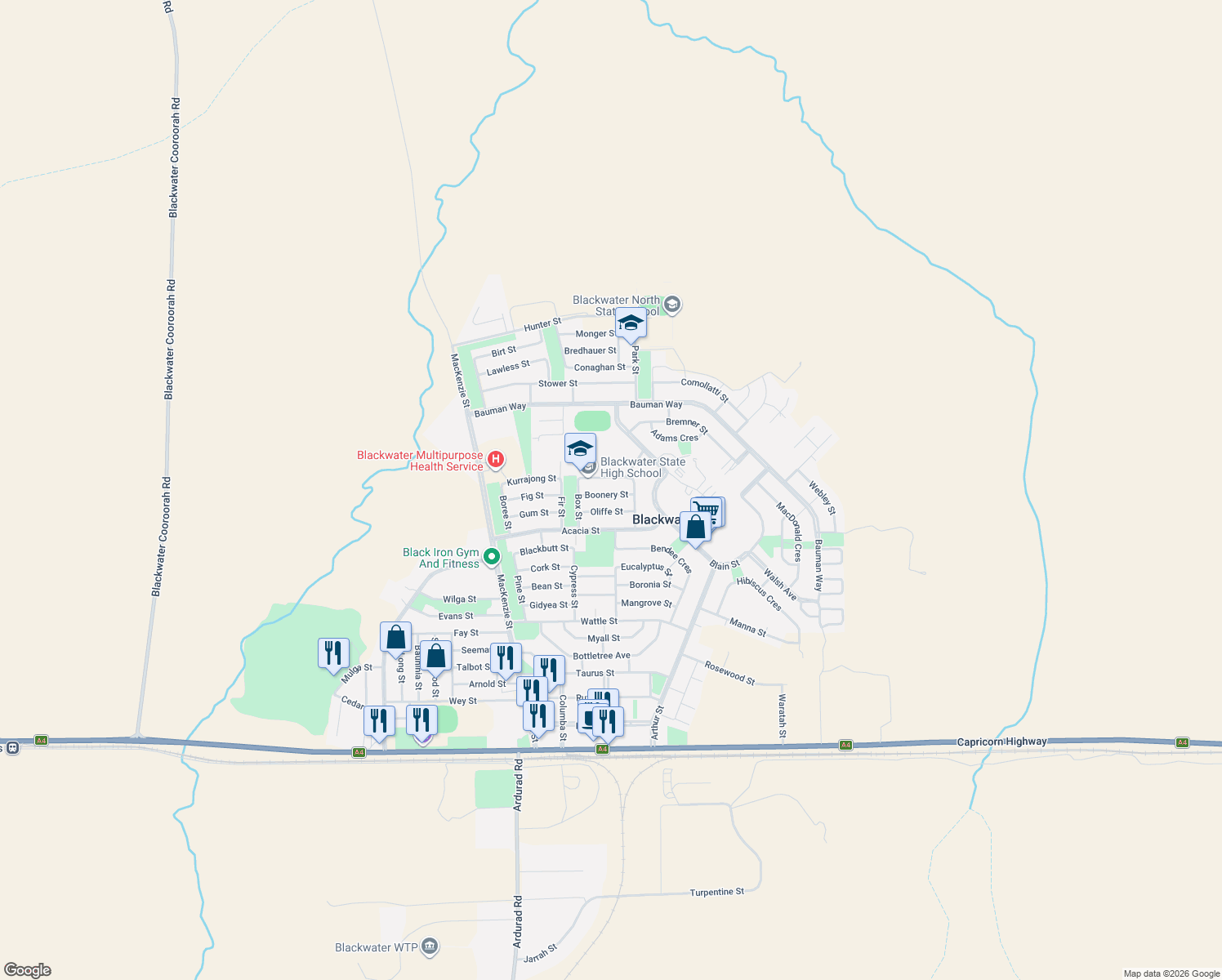 map of restaurants, bars, coffee shops, grocery stores, and more near 16 Boonery Street in Blackwater