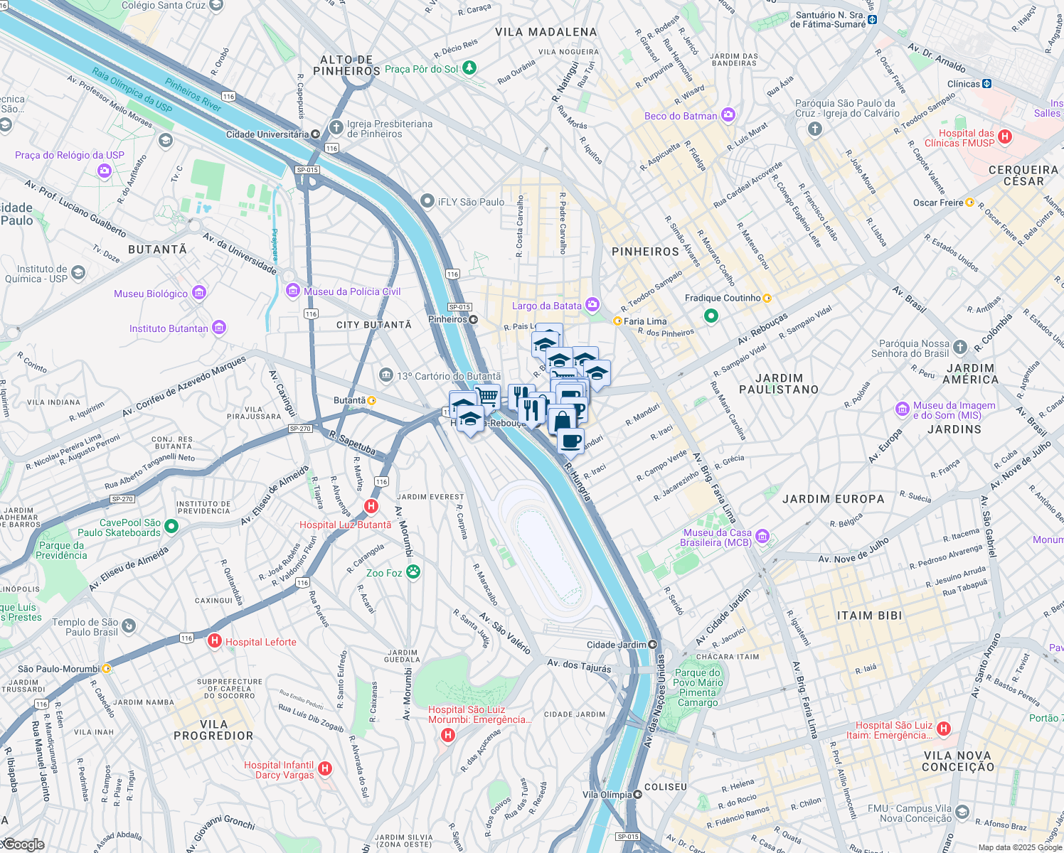 map of restaurants, bars, coffee shops, grocery stores, and more near 7815 Avenida das Nações Unidas in São Paulo