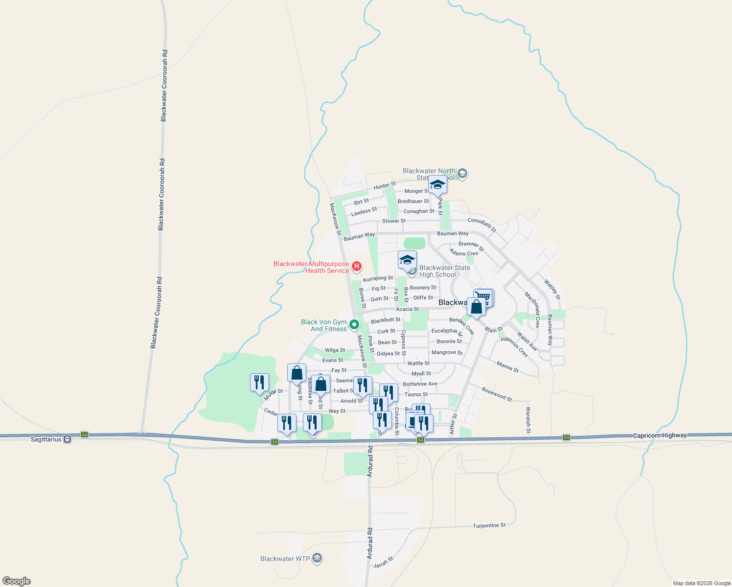 map of restaurants, bars, coffee shops, grocery stores, and more near 3 Fig Street in Blackwater