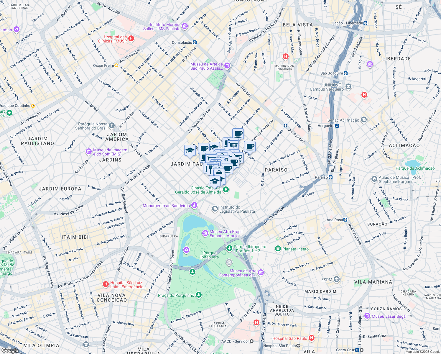 map of restaurants, bars, coffee shops, grocery stores, and more near 3521 Avenida Brigadeiro Luís Antônio in São Paulo