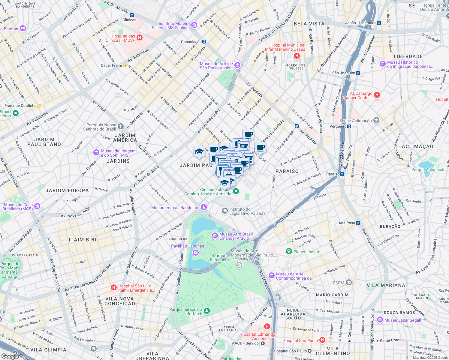 map of restaurants, bars, coffee shops, grocery stores, and more near 3521 Avenida Brigadeiro Luís Antônio in São Paulo