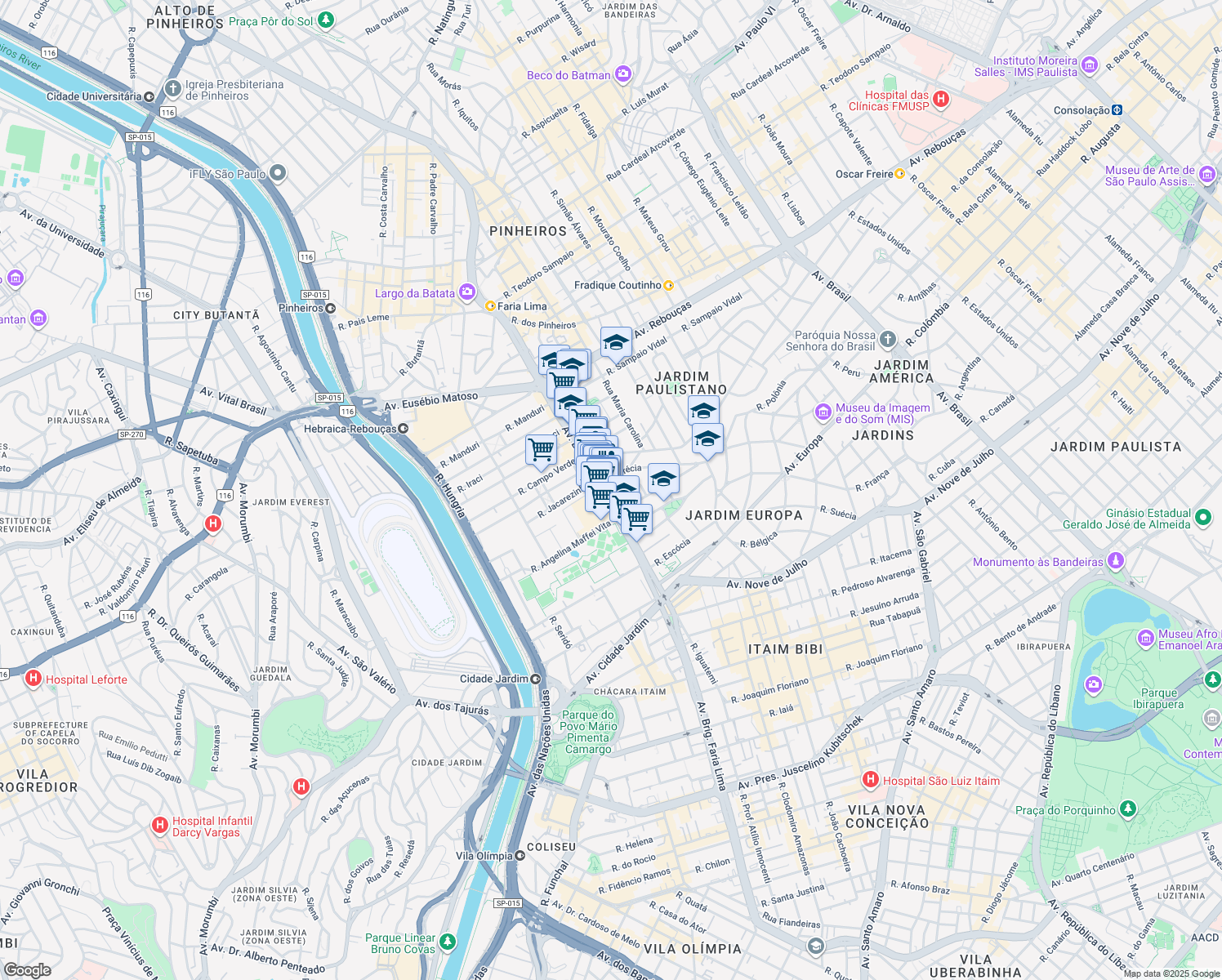 map of restaurants, bars, coffee shops, grocery stores, and more near 2189 Avenida Brigadeiro Faria Lima in São Paulo