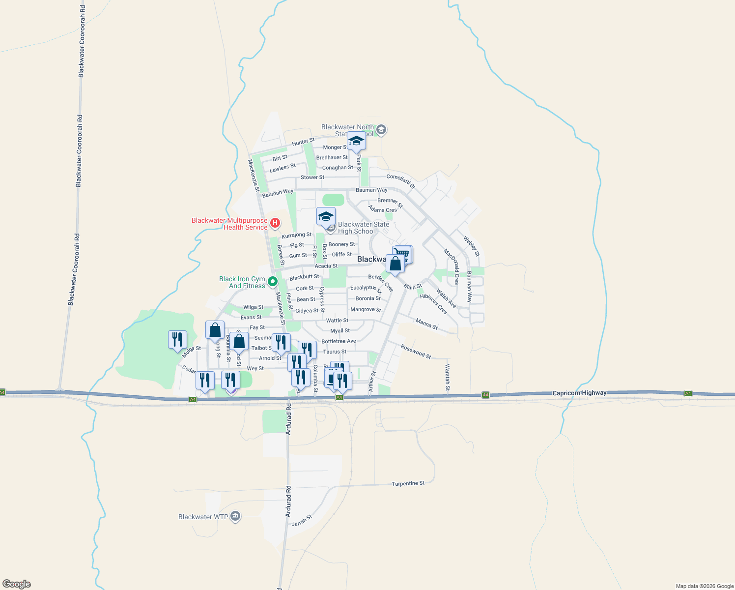 map of restaurants, bars, coffee shops, grocery stores, and more near 18 Boronia Street in Blackwater