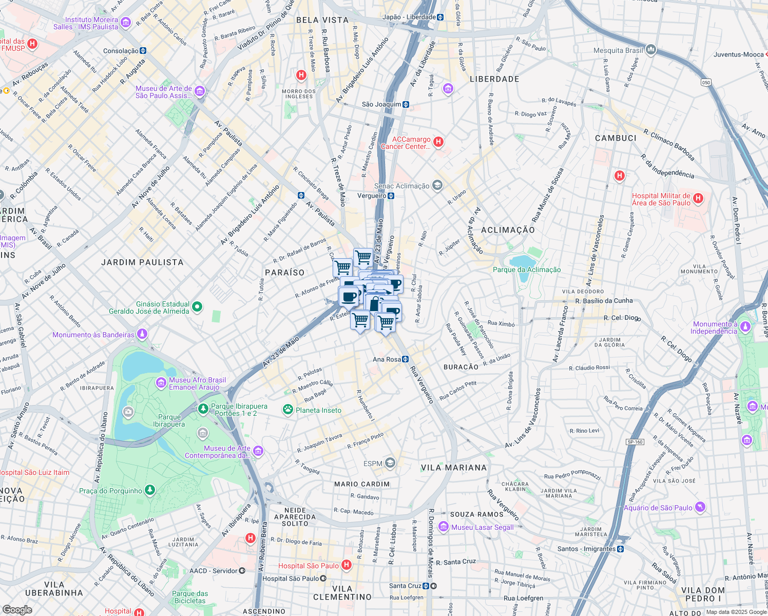 map of restaurants, bars, coffee shops, grocery stores, and more near 1737 Rua Vergueiro in São Paulo