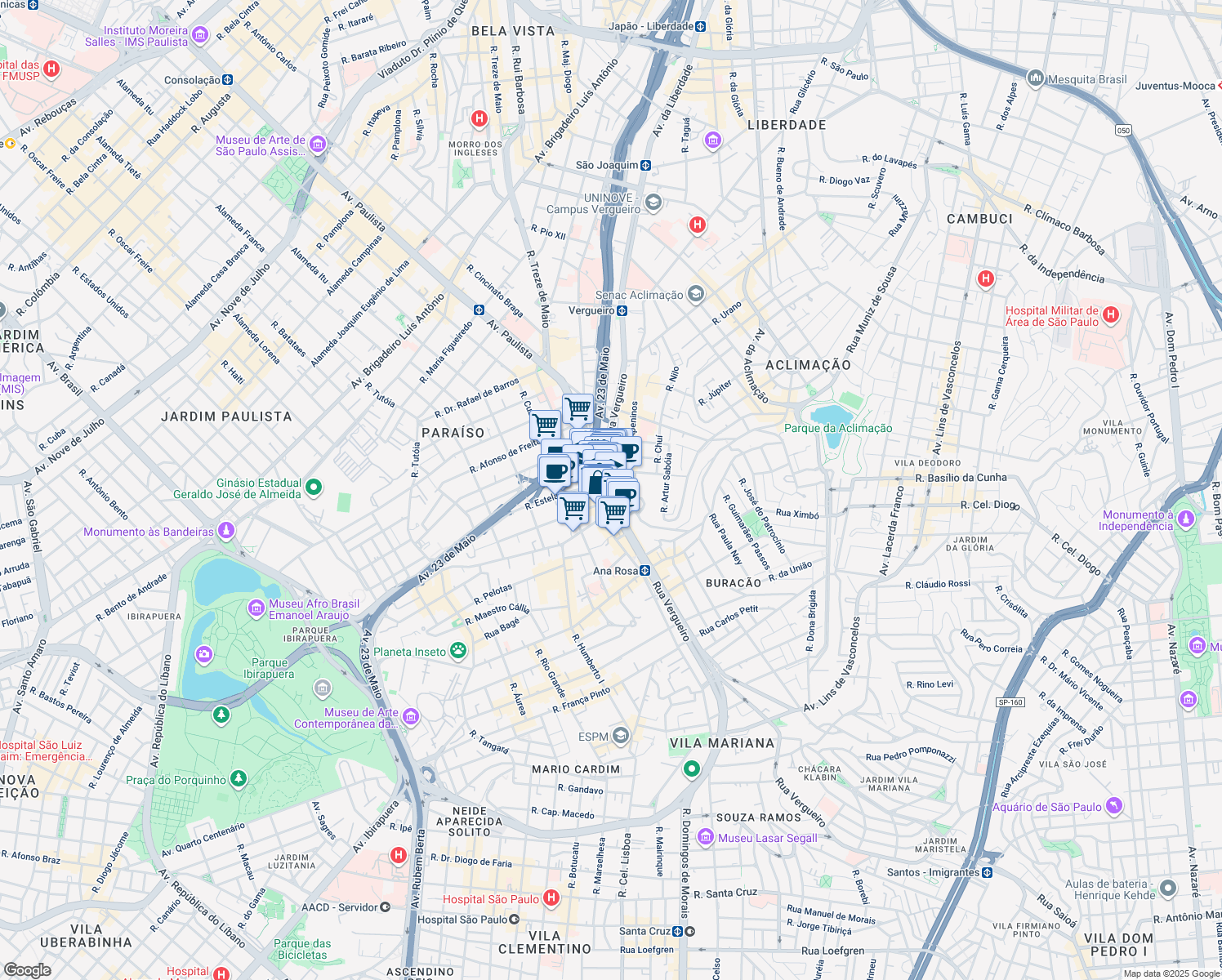 map of restaurants, bars, coffee shops, grocery stores, and more near 1737 Rua Vergueiro in São Paulo