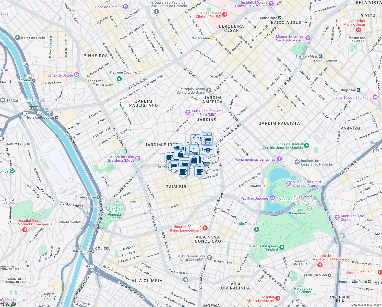 map of restaurants, bars, coffee shops, grocery stores, and more near 5229 Avenida Nove de Julho in São Paulo