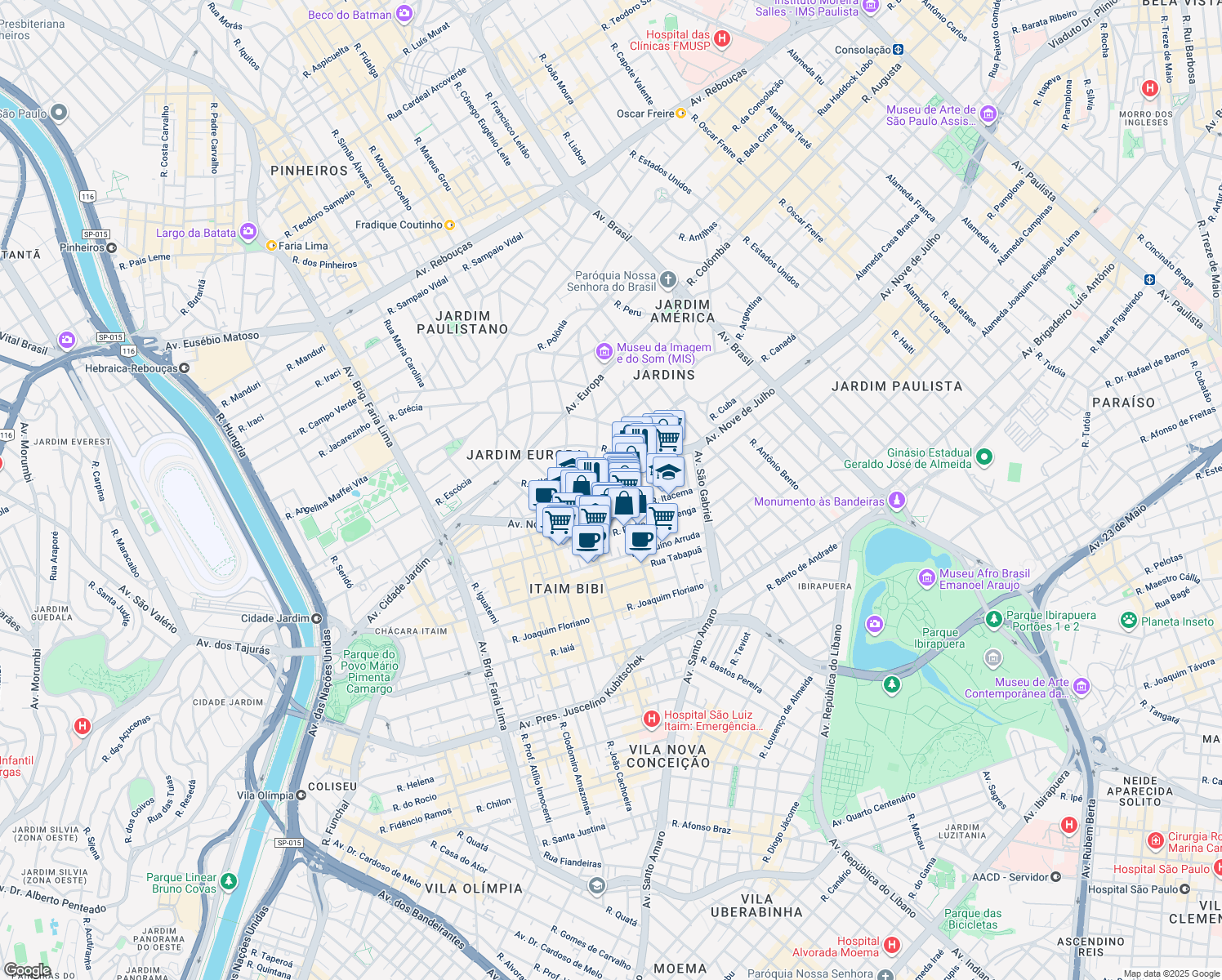map of restaurants, bars, coffee shops, grocery stores, and more near 5229 Avenida Nove de Julho in São Paulo