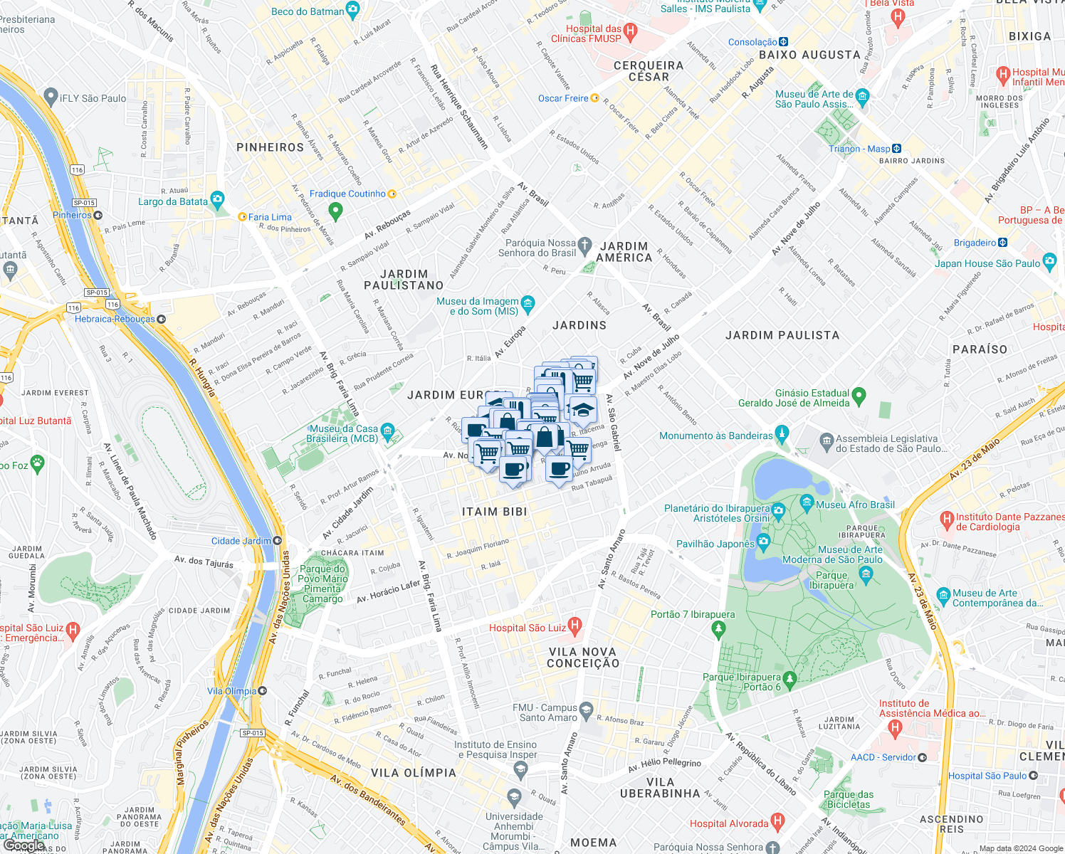 map of restaurants, bars, coffee shops, grocery stores, and more near 5229 Avenida Nove de Julho in São Paulo