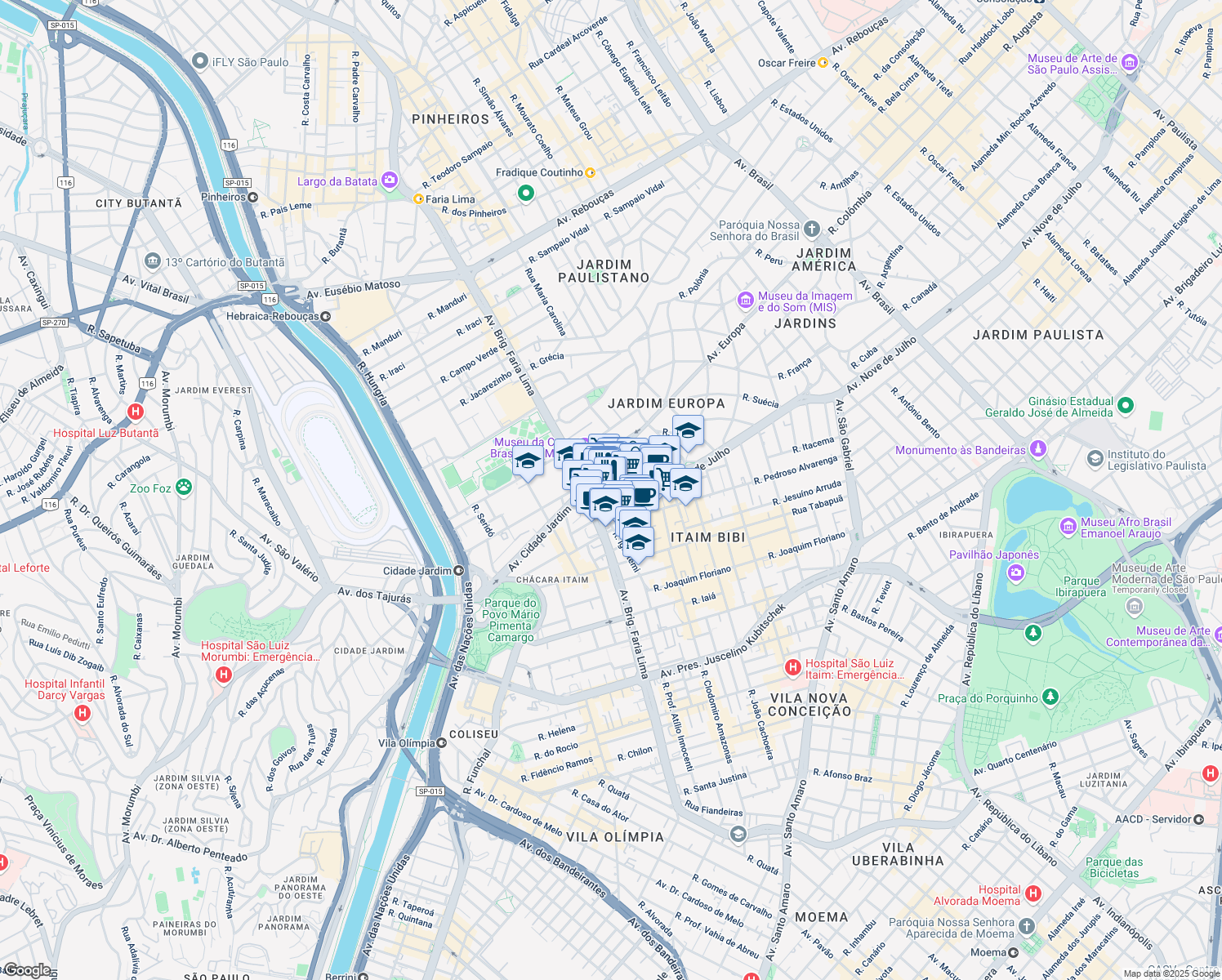 map of restaurants, bars, coffee shops, grocery stores, and more near 305 Rua Amauri in São Paulo