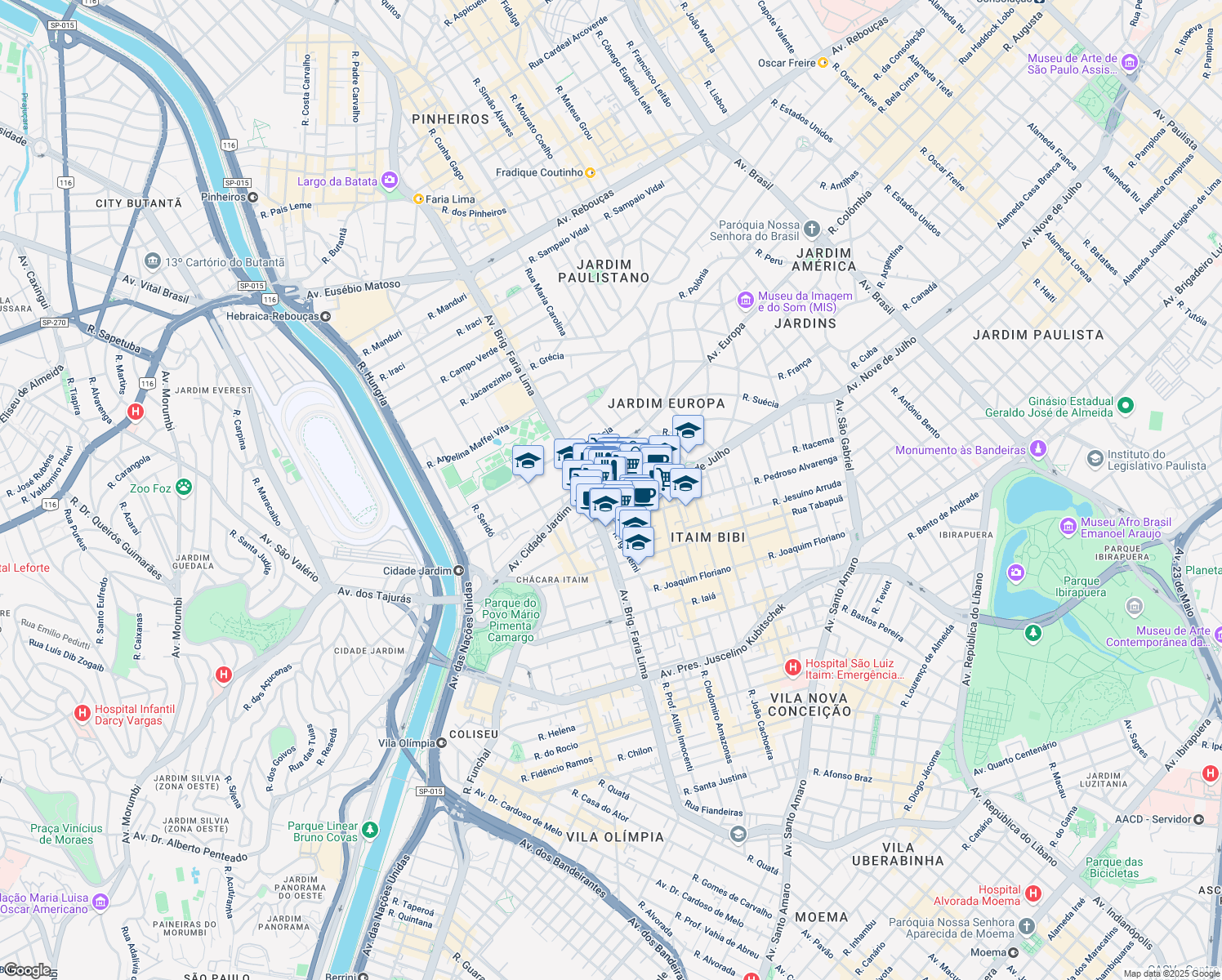 map of restaurants, bars, coffee shops, grocery stores, and more near 305 Rua Amauri in São Paulo