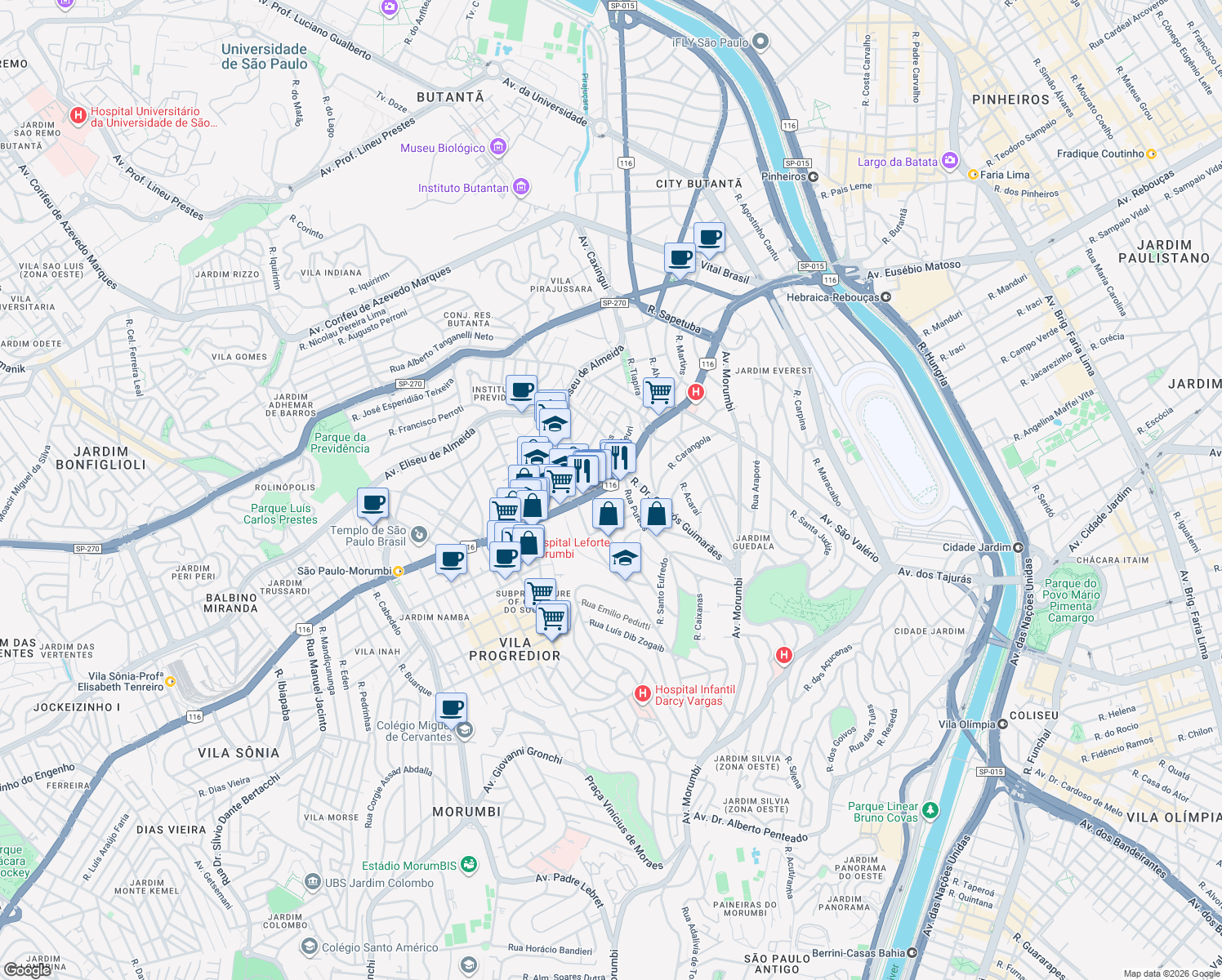 map of restaurants, bars, coffee shops, grocery stores, and more near 1445 Avenida Professor Francisco Morato in São Paulo