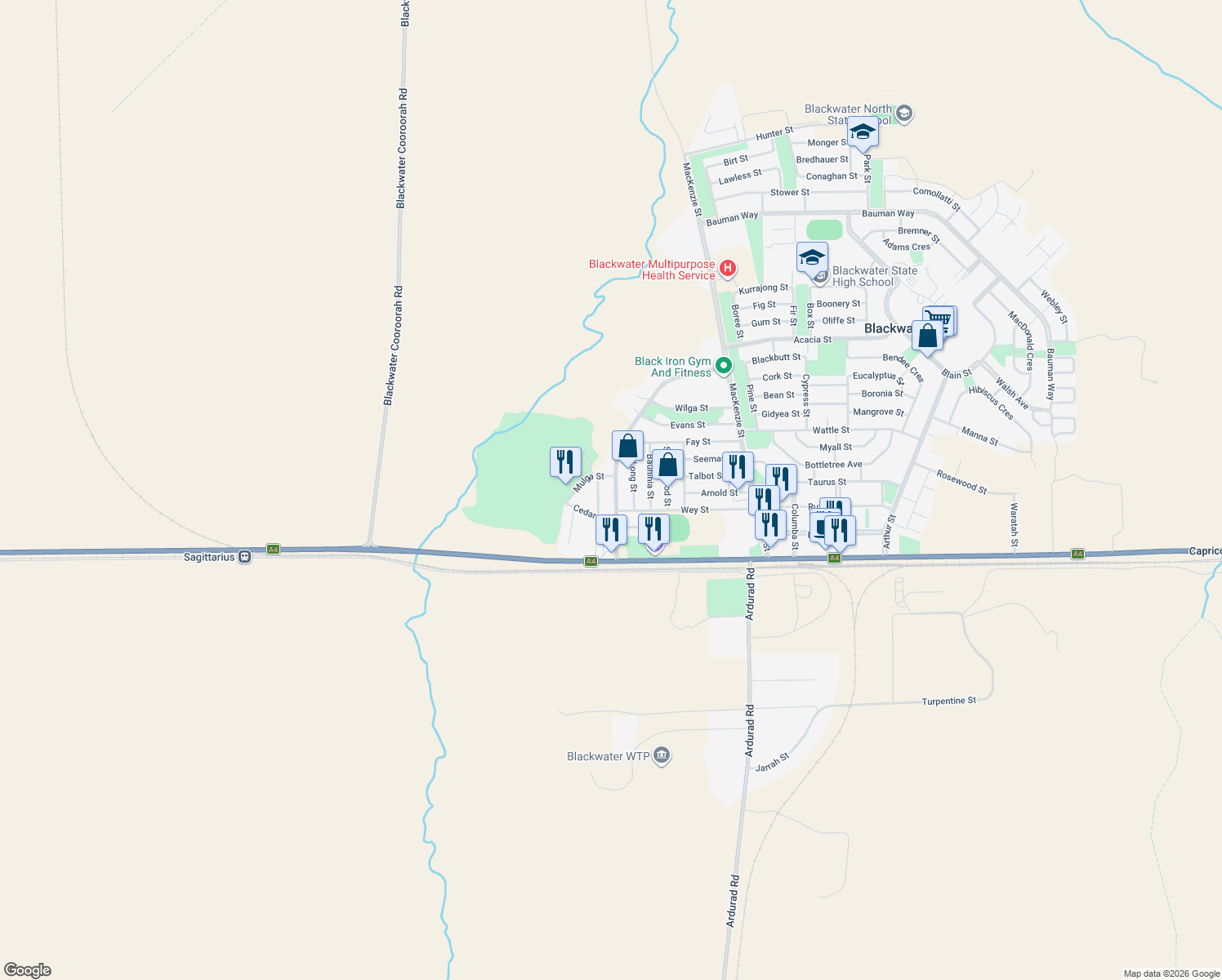 map of restaurants, bars, coffee shops, grocery stores, and more near 50 Littlefield Street in Blackwater