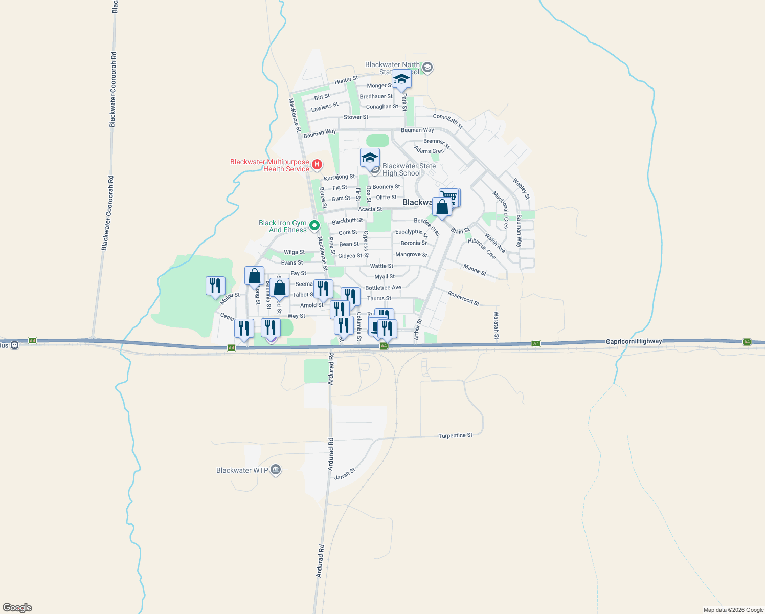 map of restaurants, bars, coffee shops, grocery stores, and more near 11 Bluff Street in Blackwater