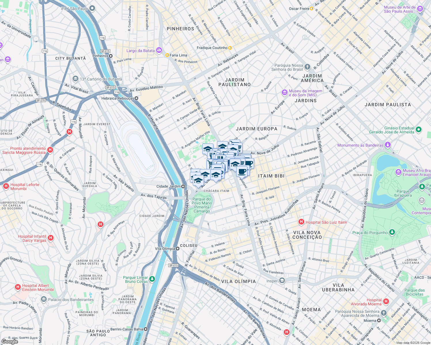map of restaurants, bars, coffee shops, grocery stores, and more near 803 Avenida Cidade Jardim in São Paulo