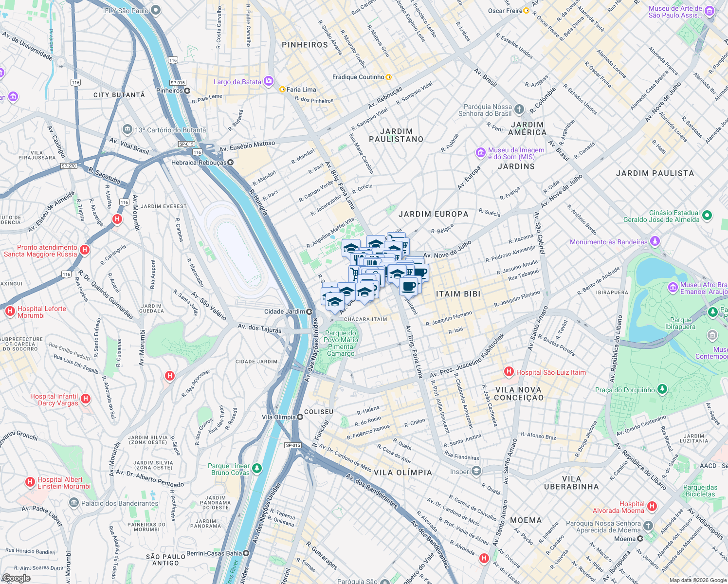 map of restaurants, bars, coffee shops, grocery stores, and more near 803 Avenida Cidade Jardim in São Paulo