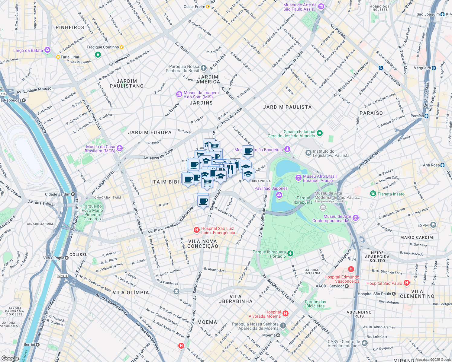 map of restaurants, bars, coffee shops, grocery stores, and more near 5040 Avenida Brigadeiro Luís Antônio in São Paulo