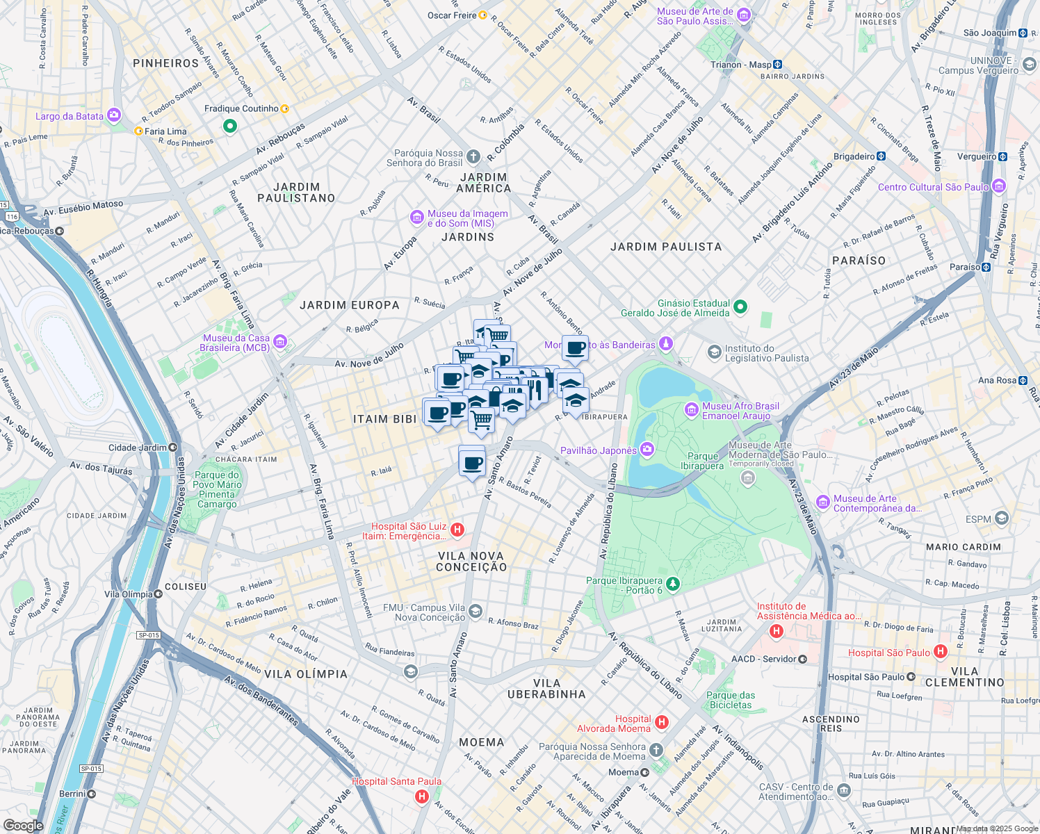map of restaurants, bars, coffee shops, grocery stores, and more near 5040 Avenida Brigadeiro Luís Antônio in São Paulo
