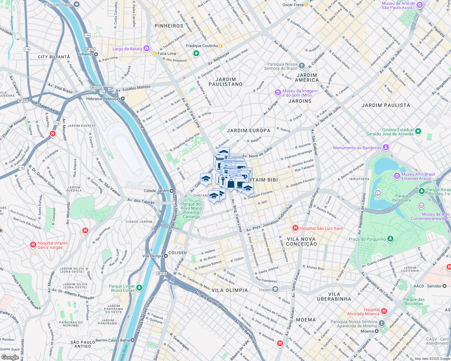 map of restaurants, bars, coffee shops, grocery stores, and more near 3900 Avenida Brigadeiro Faria Lima in São Paulo
