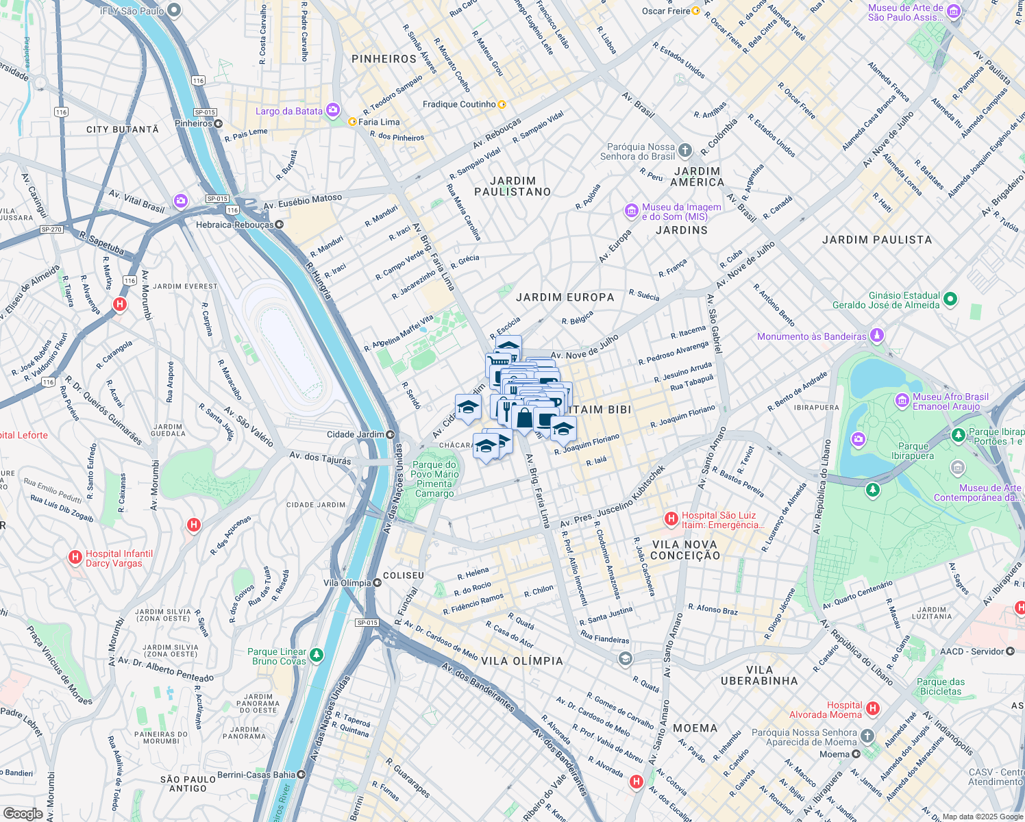 map of restaurants, bars, coffee shops, grocery stores, and more near Avenida Brigadeiro Faria Lima in São Paulo