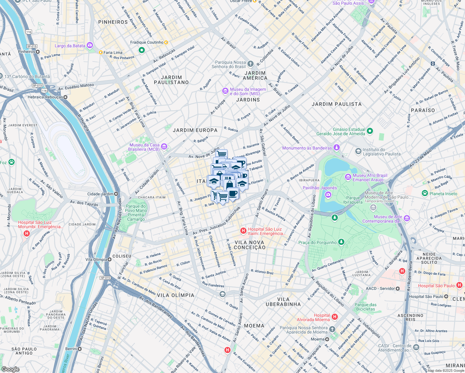 map of restaurants, bars, coffee shops, grocery stores, and more near 466 Rua Joaquim Floriano in São Paulo