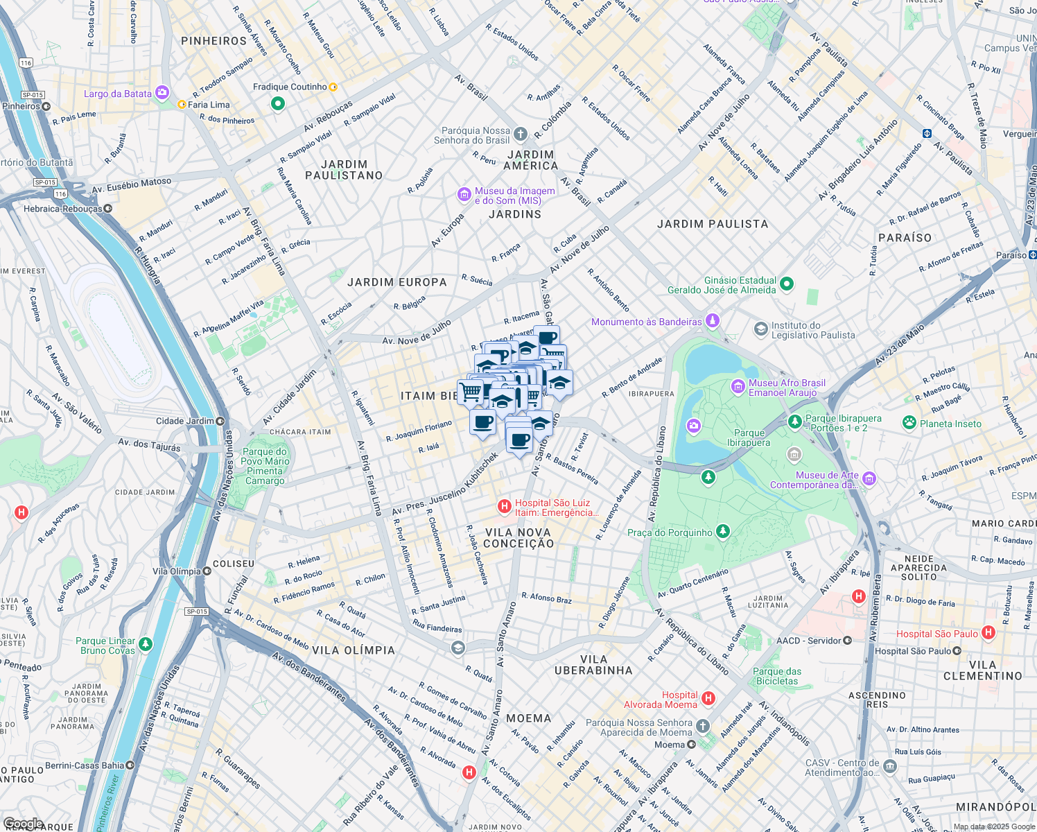 map of restaurants, bars, coffee shops, grocery stores, and more near 200 Rua Tenente Negrão in São Paulo