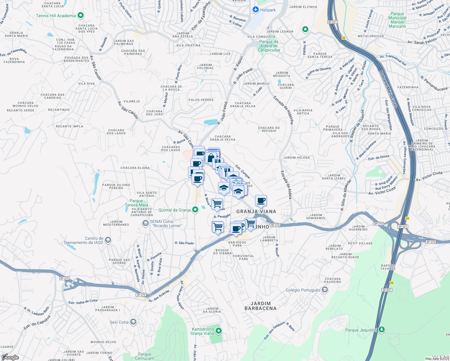map of restaurants, bars, coffee shops, grocery stores, and more near 700 Avenida São Camilo in Cotia