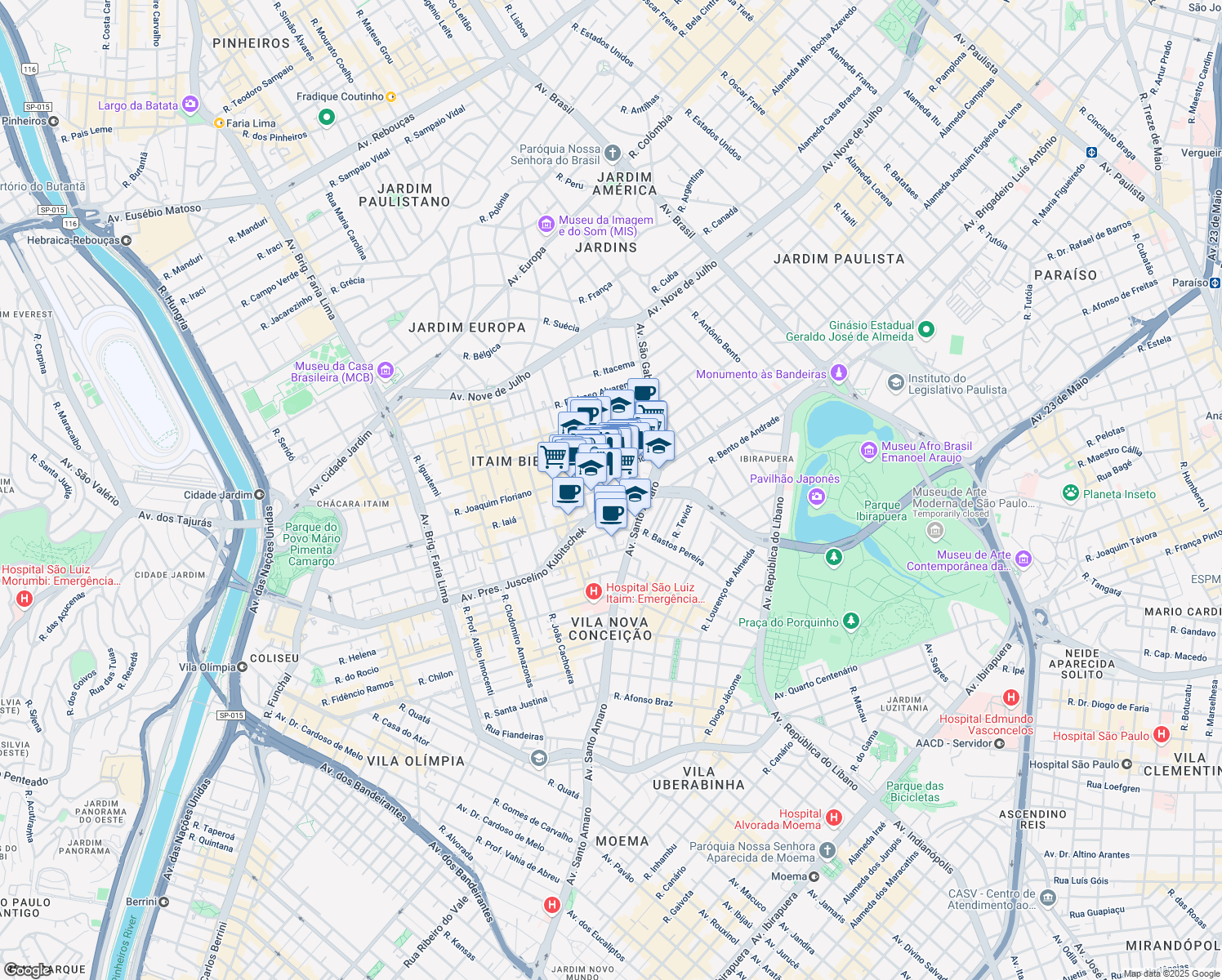 map of restaurants, bars, coffee shops, grocery stores, and more near 200 Rua Tenente Negrão in São Paulo