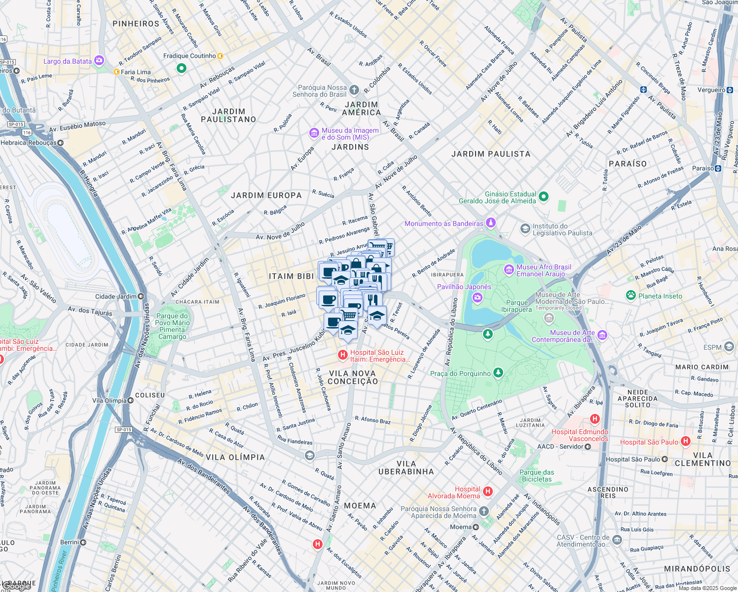 map of restaurants, bars, coffee shops, grocery stores, and more near 100 Avenida Presidente Juscelino Kubitschek in São Paulo