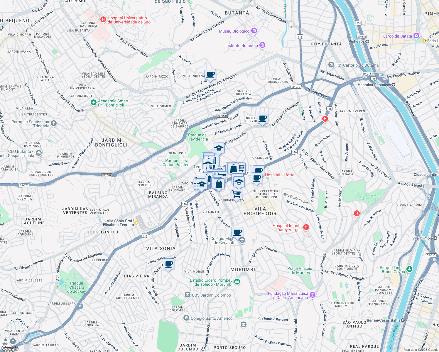map of restaurants, bars, coffee shops, grocery stores, and more near 2430 Avenida Professor Francisco Morato in São Paulo