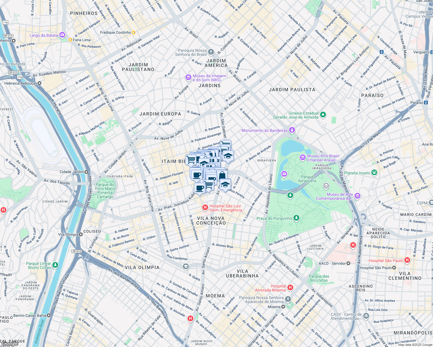 map of restaurants, bars, coffee shops, grocery stores, and more near 100 Avenida Presidente Juscelino Kubitschek in São Paulo
