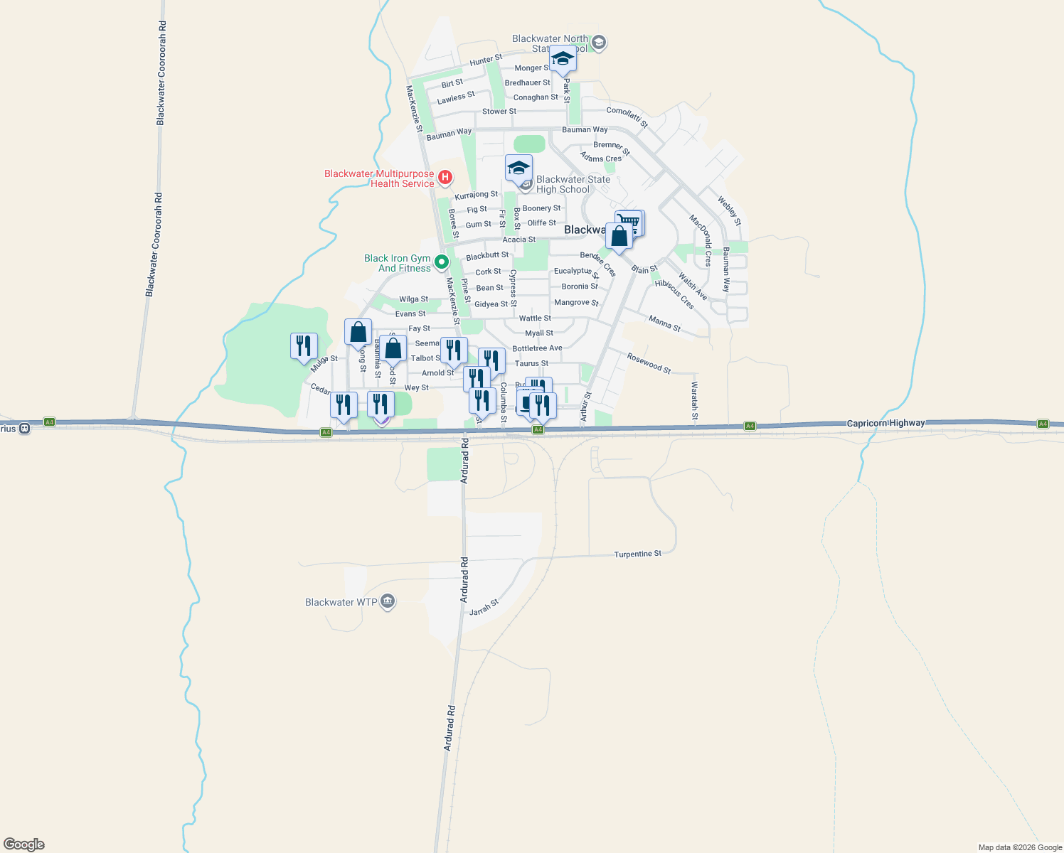 map of restaurants, bars, coffee shops, grocery stores, and more near 32 Railway Street in Blackwater