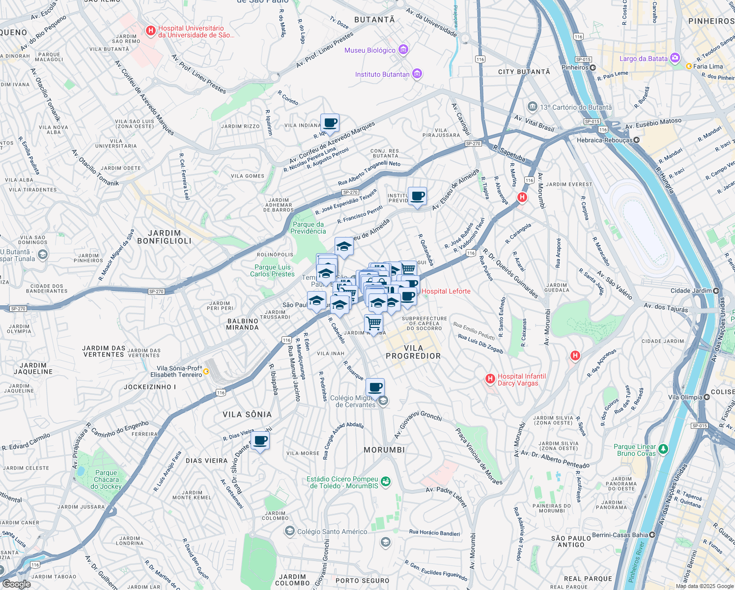 map of restaurants, bars, coffee shops, grocery stores, and more near 2430 Avenida Professor Francisco Morato in Sao Paulo