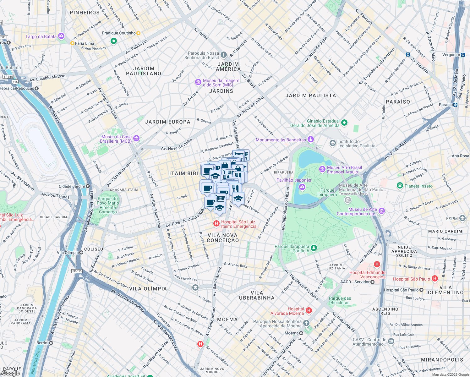 map of restaurants, bars, coffee shops, grocery stores, and more near 1309 Avenida Presidente Juscelino Kubitschek in São Paulo
