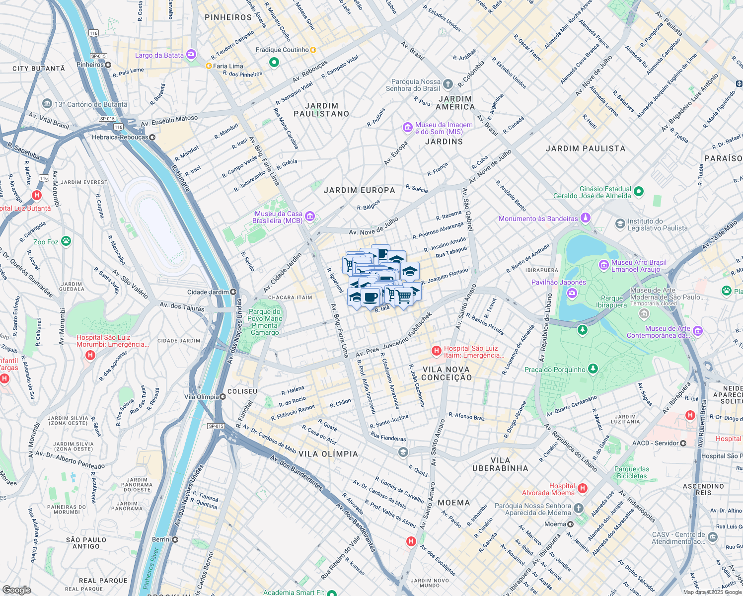 map of restaurants, bars, coffee shops, grocery stores, and more near 960 Rua Joaquim Floriano in Sao Paulo