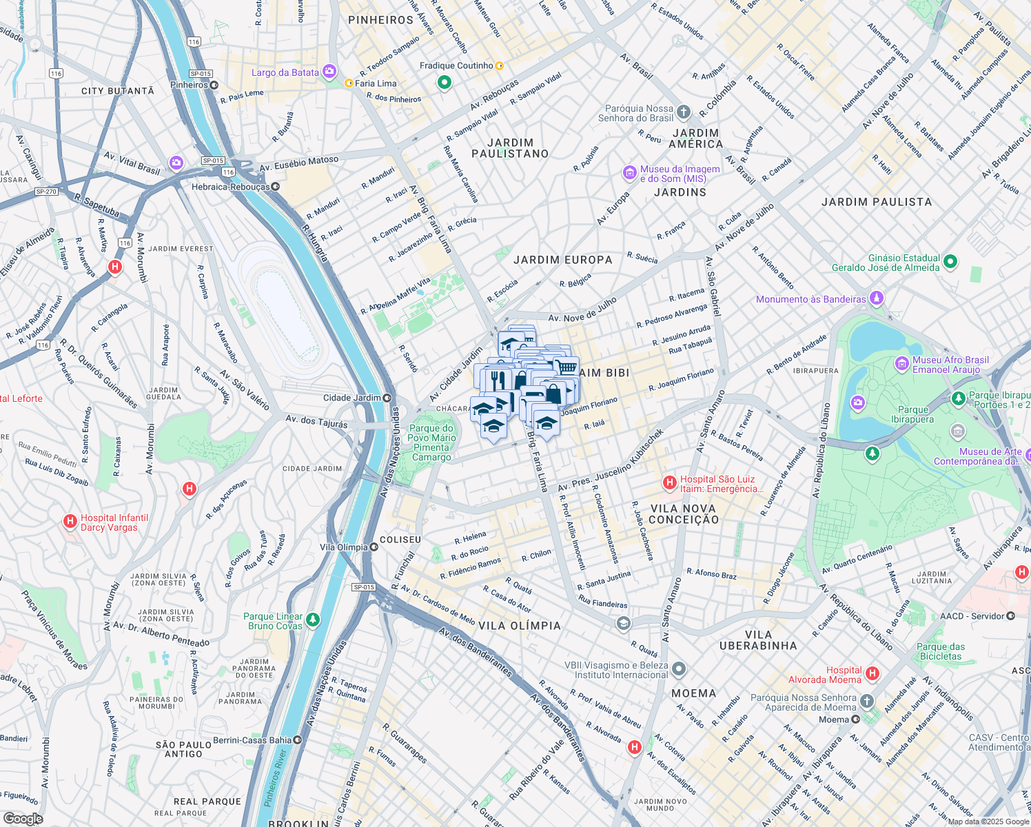 map of restaurants, bars, coffee shops, grocery stores, and more near 3430 Avenida Brigadeiro Faria Lima in São Paulo