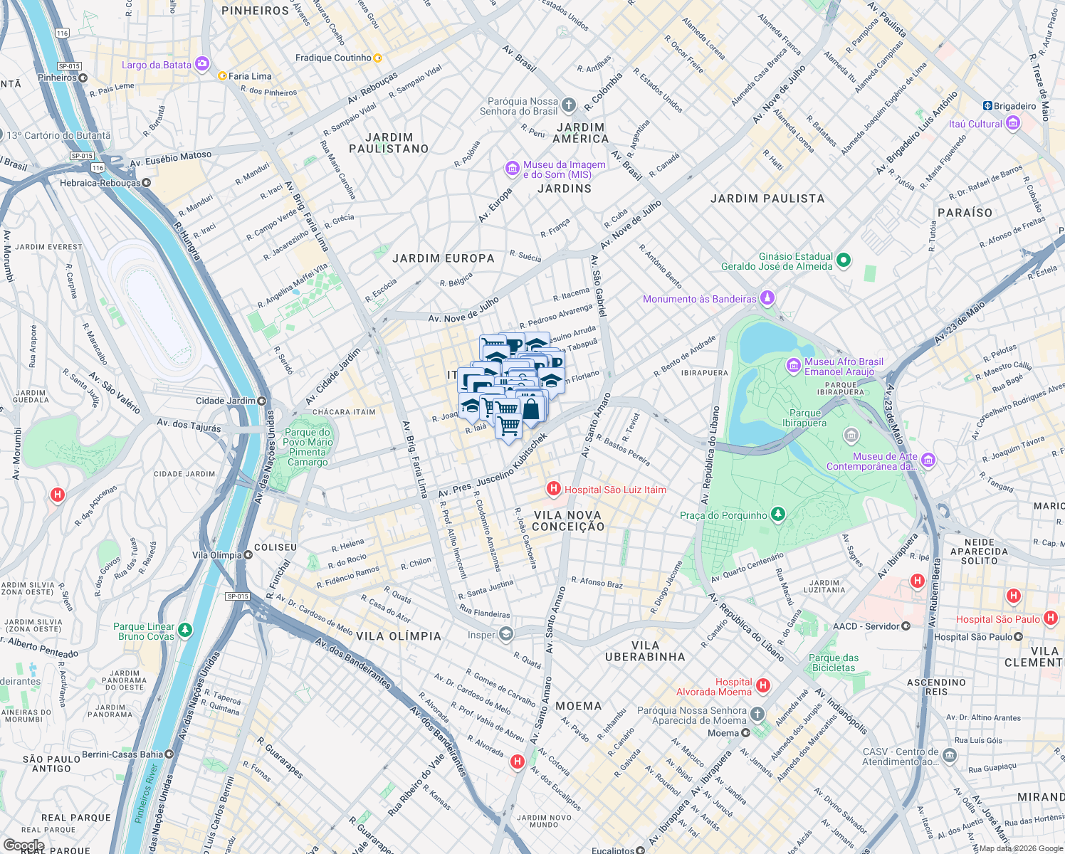 map of restaurants, bars, coffee shops, grocery stores, and more near 823 Rua Bandeira Paulista in São Paulo