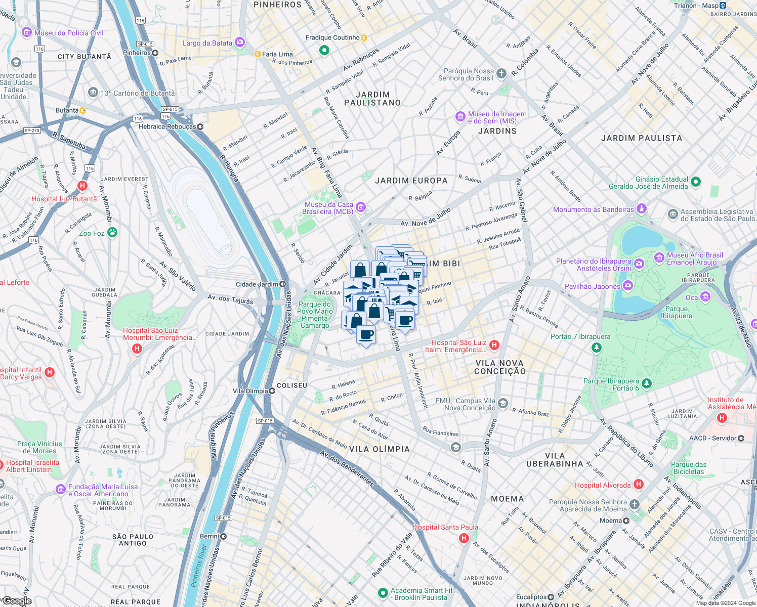 map of restaurants, bars, coffee shops, grocery stores, and more near 3500 Avenida Brigadeiro Faria Lima in São Paulo