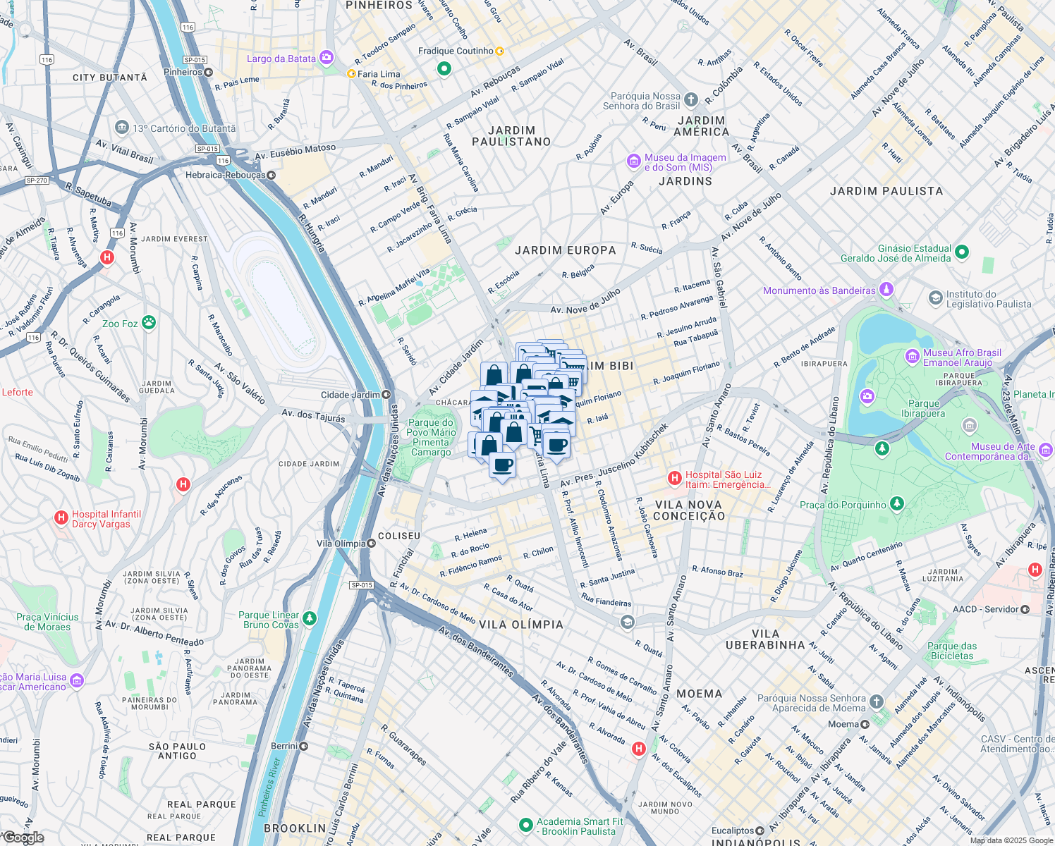 map of restaurants, bars, coffee shops, grocery stores, and more near 3500 Avenida Brigadeiro Faria Lima in São Paulo